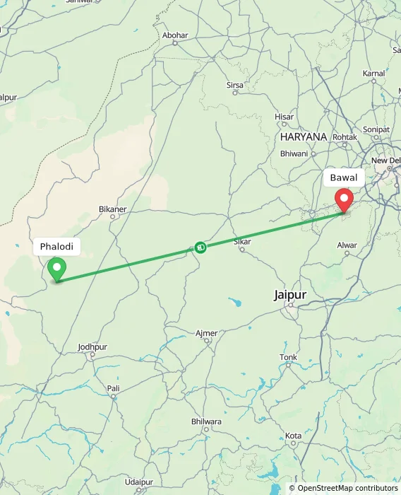 Route map showing distance and travel time from Phalodi, India to Bawal, India