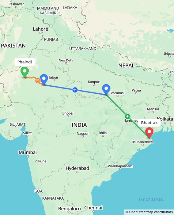 Route map showing distance and travel time from Phalodi, India to Bhadrak, India