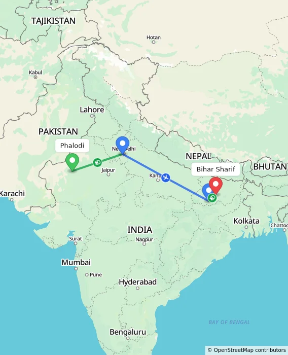 Route map showing distance and travel time from Phalodi, India to Bihar Sharif, India