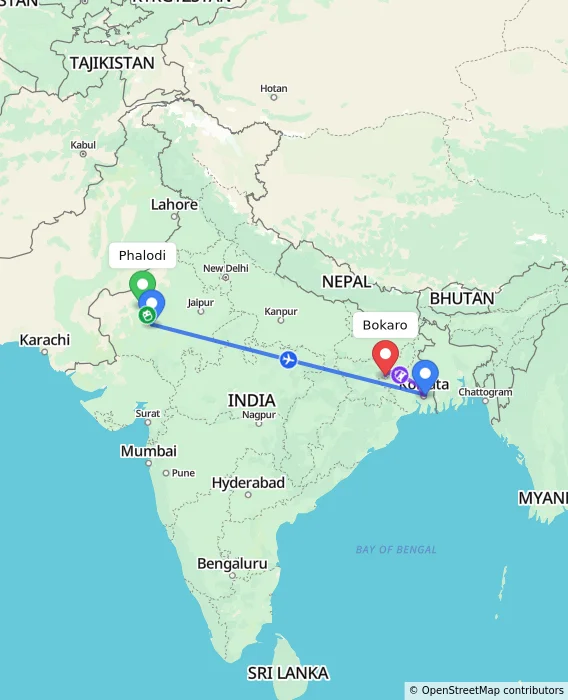 Route map showing distance and travel time from Phalodi, India to Bokaro, India