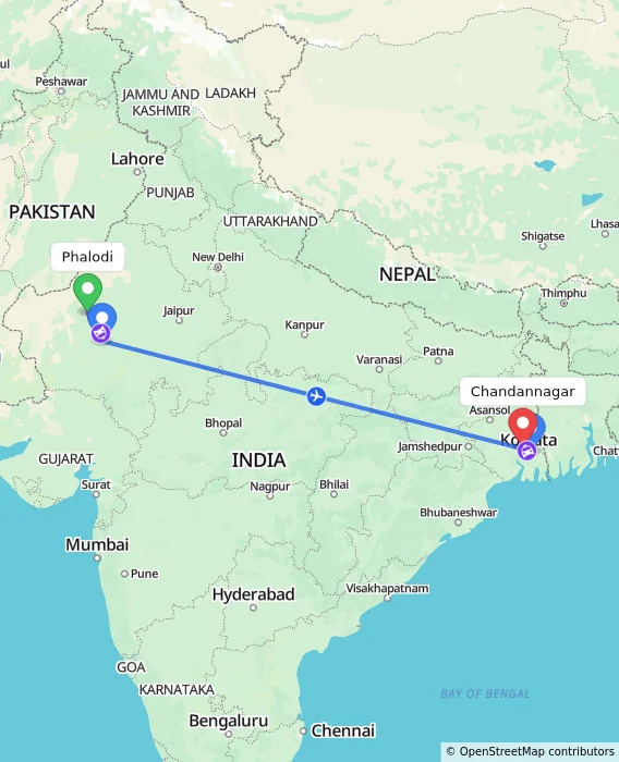Route map showing distance and travel time from Phalodi, India to Chandannagar, India