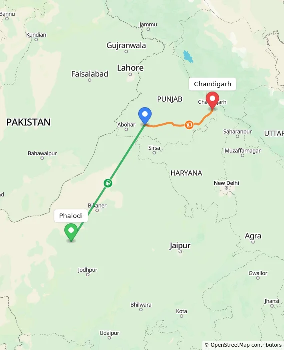 Route map showing distance and travel time from Phalodi, India to Chandigarh, India
