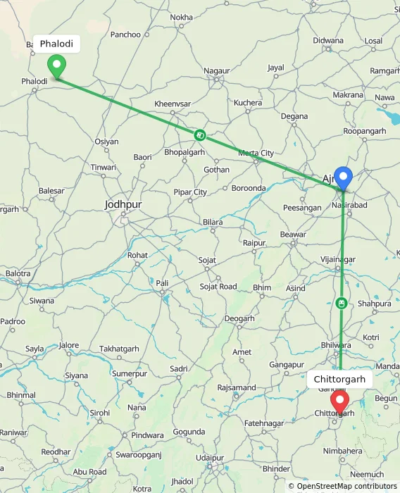 Route map showing distance and travel time from Phalodi, India to Chittorgarh, India