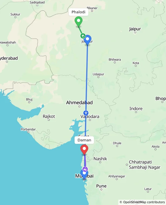 Route map showing distance and travel time from Phalodi, India to Daman, India