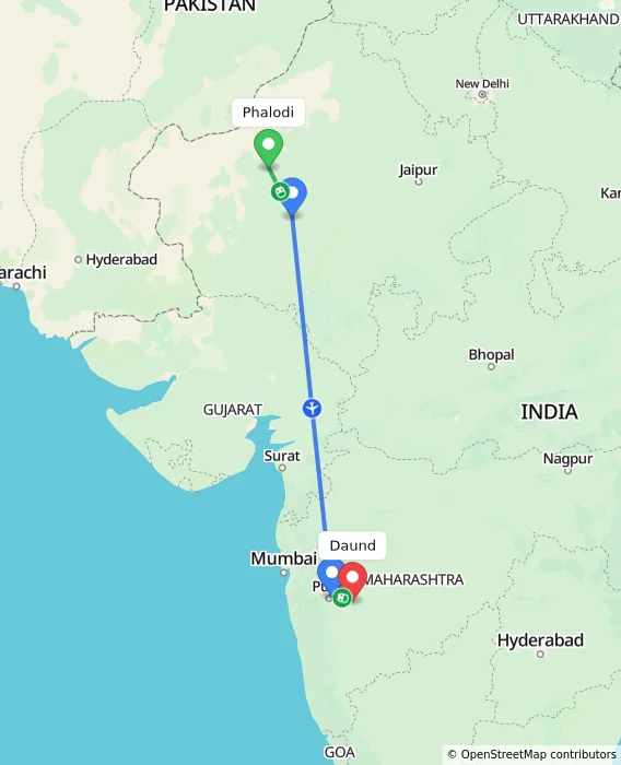 Route map showing distance and travel time from Phalodi, India to Daund, India
