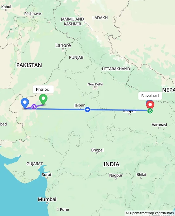 Route map showing distance and travel time from Phalodi, India to Faizabad, India