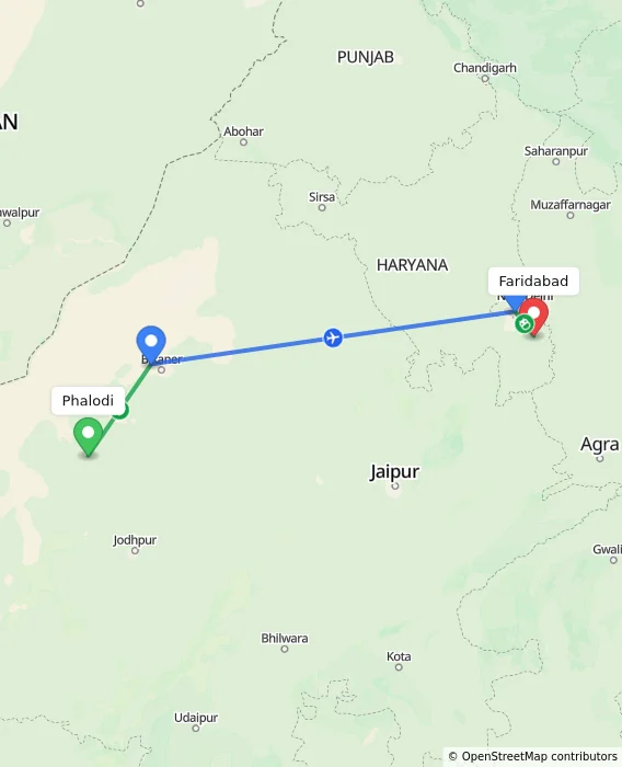 Route map showing distance and travel time from Phalodi, India to Faridabad, India