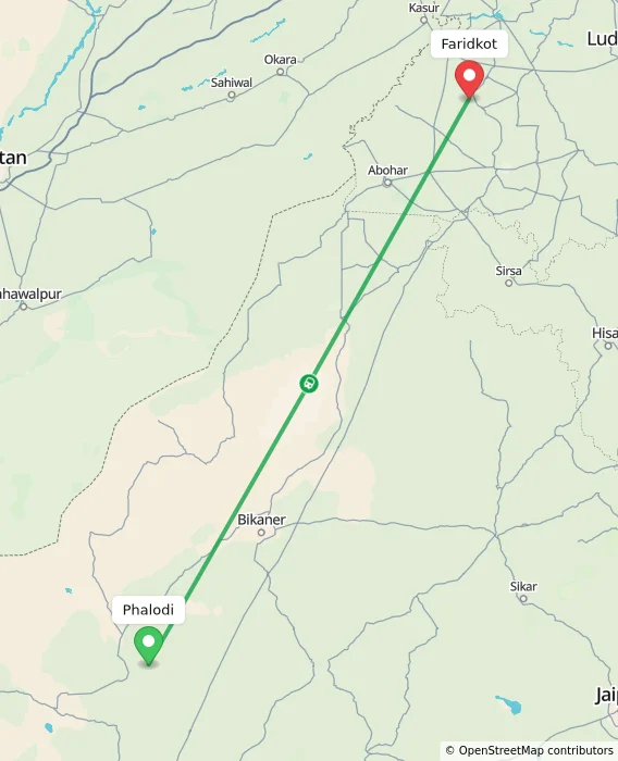 Route map showing distance and travel time from Phalodi, India to Faridkot, India