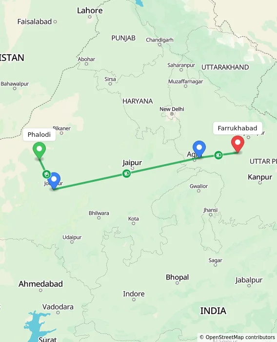 Route map showing distance and travel time from Phalodi, India to Farrukhabad, India
