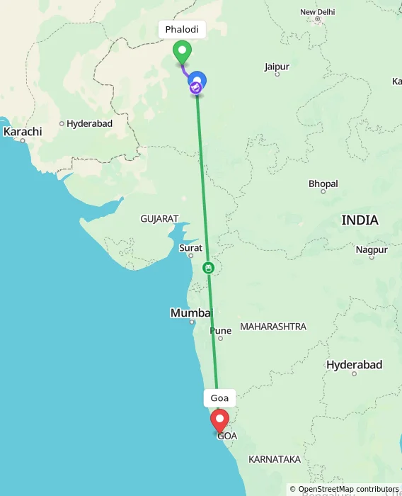 Route map showing distance and travel time from Phalodi, India to Goa, India