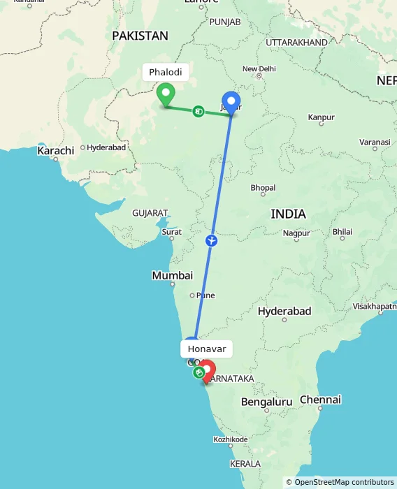 Route map showing distance and travel time from Phalodi, India to Honavar, India