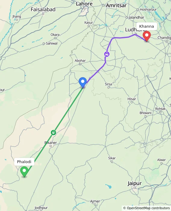 Route map showing distance and travel time from Phalodi, India to Khanna, India