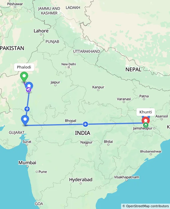 Route map showing distance and travel time from Phalodi, India to Khunti, India