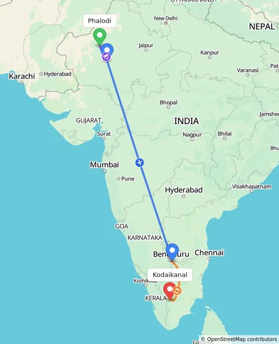 Route map showing distance and travel time from Phalodi, India to Kodaikanal, India