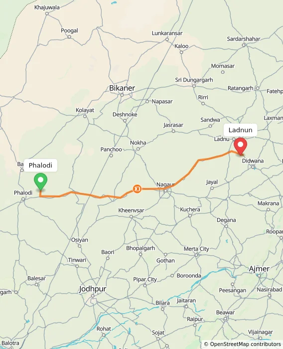 Route map showing distance and travel time from Phalodi, India to Ladnun, India