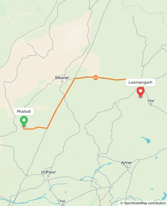 Route map showing distance and travel time from Phalodi, India to Laxmangarh, India