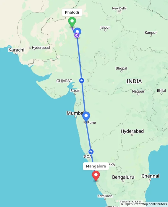 Route map showing distance and travel time from Phalodi, India to Mangalore, India