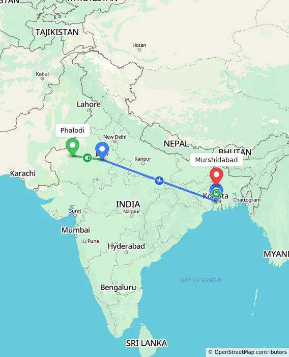 Route map showing distance and travel time from Phalodi, India to Murshidabad, India