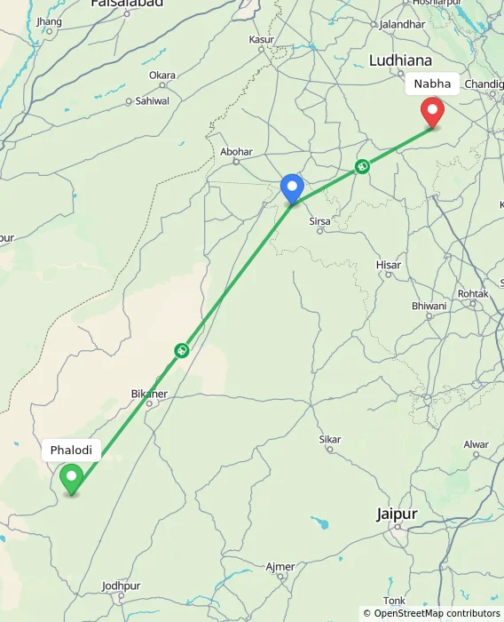 Route map showing distance and travel time from Phalodi, India to Nabha, India