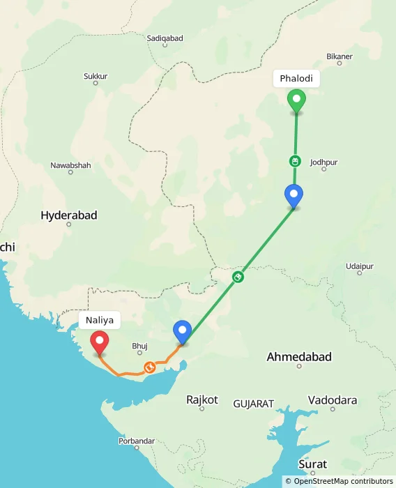 Route map showing distance and travel time from Phalodi, India to Naliya, India