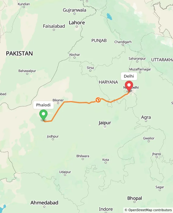 Route map showing distance and travel time from Phalodi, India to Delhi, India