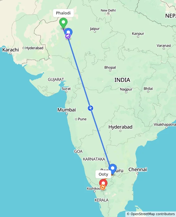 Route map showing distance and travel time from Phalodi, India to Ooty, India