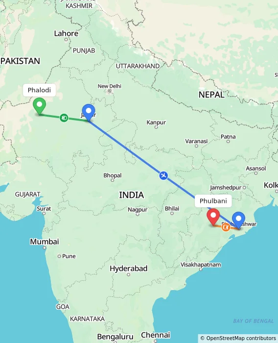 Route map showing distance and travel time from Phalodi, India to Phulbani, India