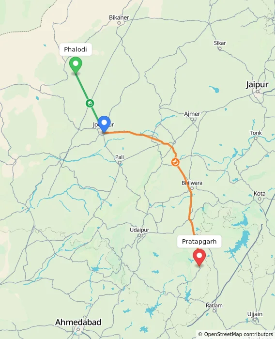 Route map showing distance and travel time from Phalodi, India to Pratapgarh, India