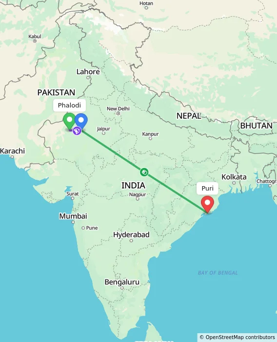 Route map showing distance and travel time from Phalodi, India to Puri, India
