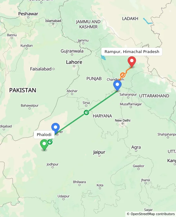 Route map showing distance and travel time from Phalodi, India to Rampur, Himachal Pradesh, India