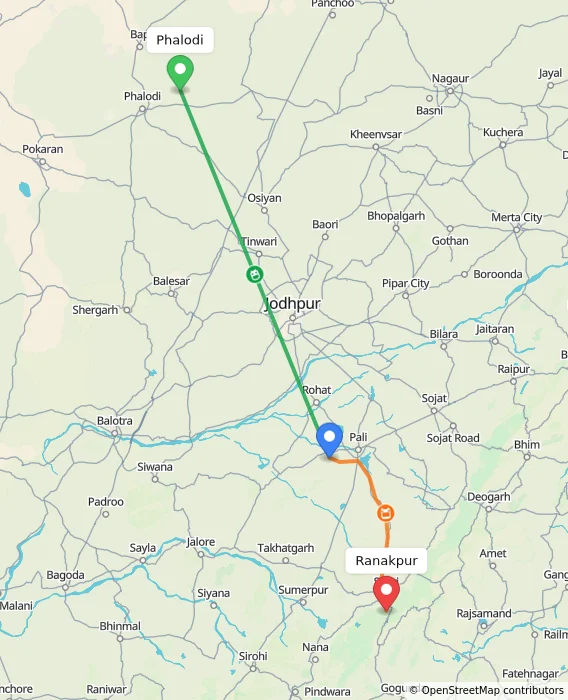 Route map showing distance and travel time from Phalodi, India to Ranakpur, India
