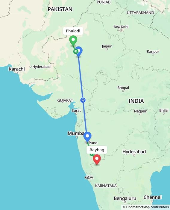 Route map showing distance and travel time from Phalodi, India to Raybag, India