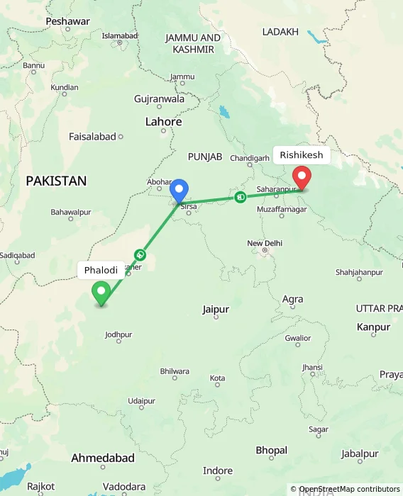 Route map showing distance and travel time from Phalodi, India to Rishikesh, India