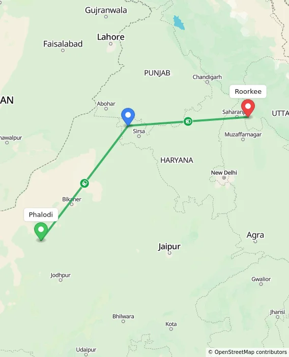 Route map showing distance and travel time from Phalodi, India to Roorkee, India