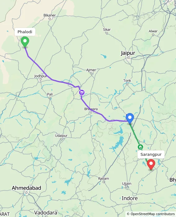 Route map showing distance and travel time from Phalodi, India to Sarangpur, India