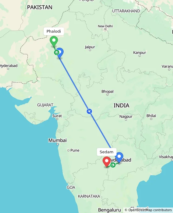 Route map showing distance and travel time from Phalodi, India to Sedam, India