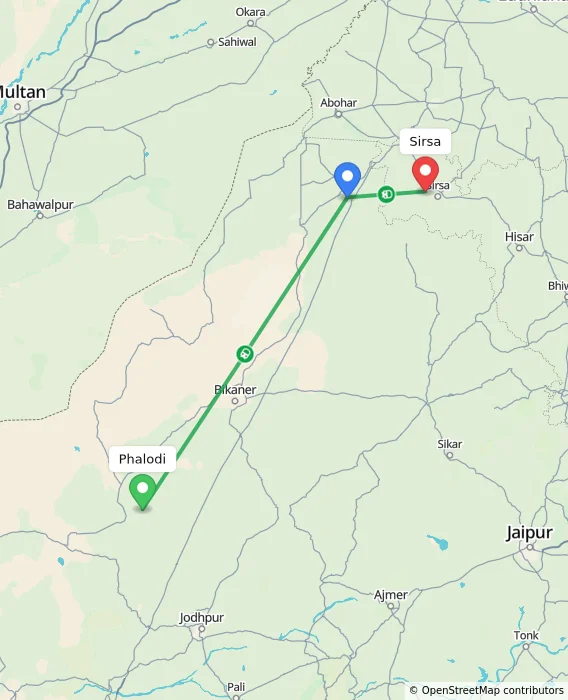 Route map showing distance and travel time from Phalodi, India to Sirsa, India