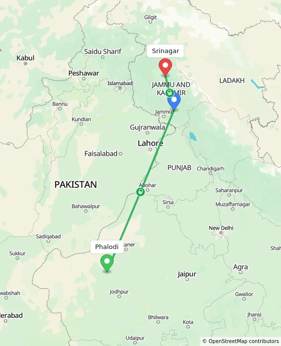 Route map showing distance and travel time from Phalodi, India to Srinagar, India