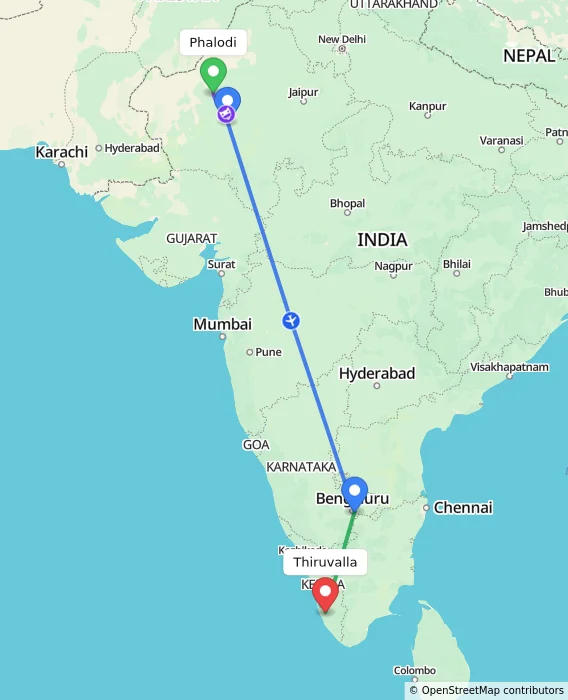 Route map showing distance and travel time from Phalodi, India to Thiruvalla, India