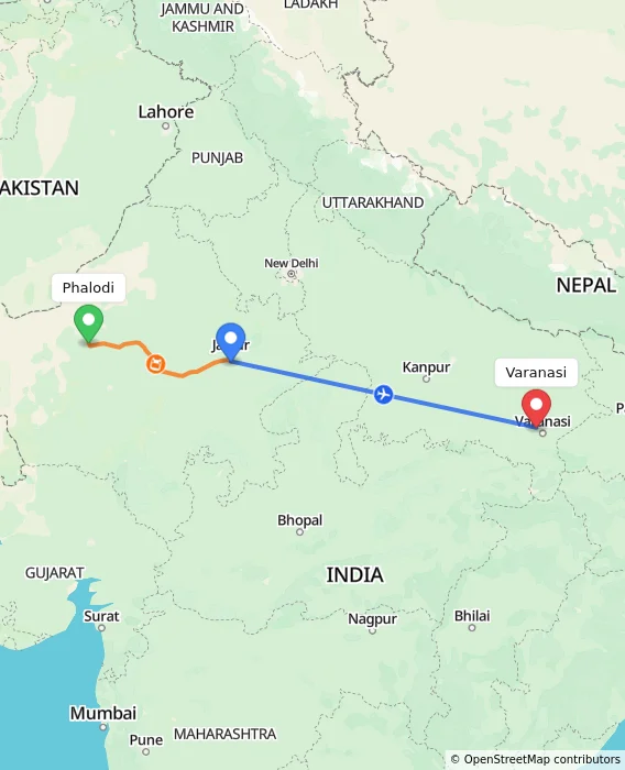Route map showing distance and travel time from Phalodi, India to Varanasi, India