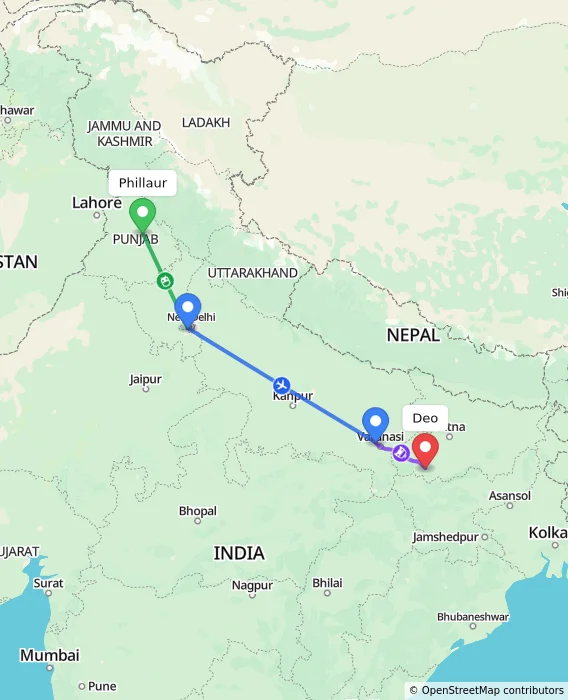 Route map showing distance and travel time from Phillaur, India to Deo, India