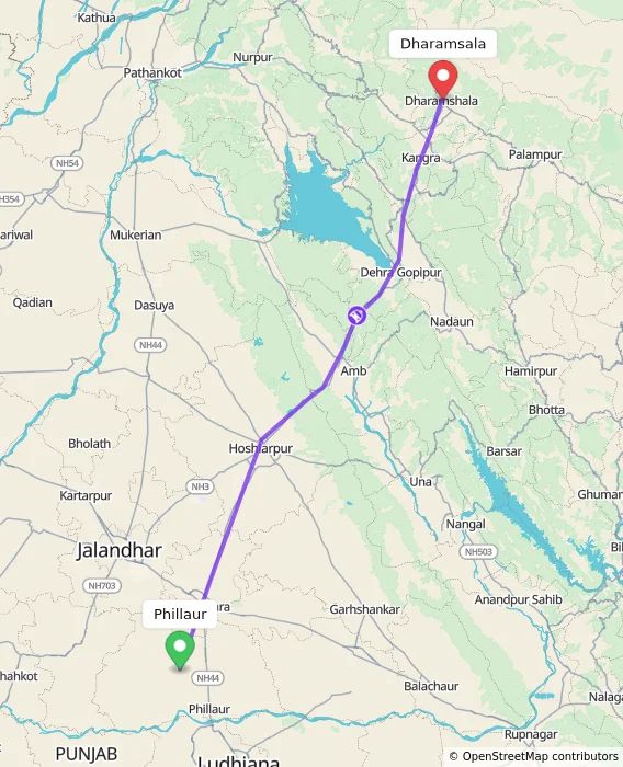 Route map showing distance and travel time from Phillaur, India to Dharamsala, India