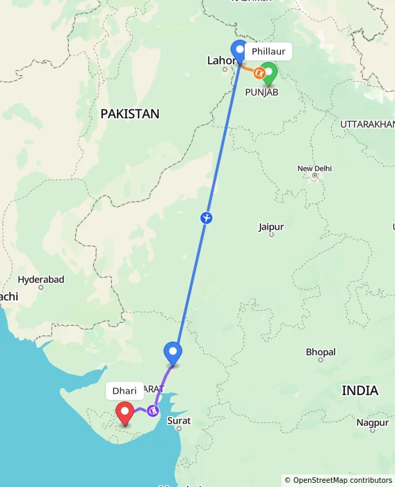 Route map showing distance and travel time from Phillaur, India to Dhari, India