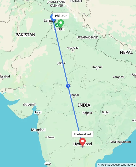 Route map showing distance and travel time from Phillaur, India to Hyderabad, India