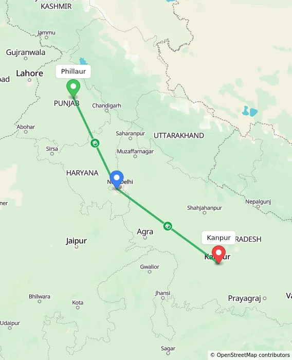 Route map showing distance and travel time from Phillaur, India to Kanpur, India