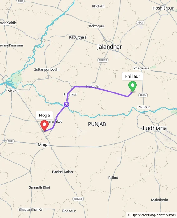 Route map showing distance and travel time from Phillaur, India to Moga, India