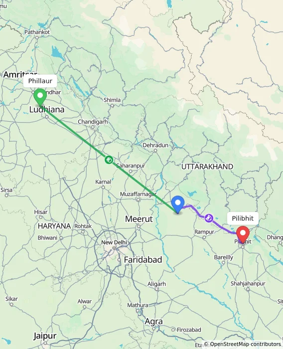 Route map showing distance and travel time from Phillaur, India to Pilibhit, India