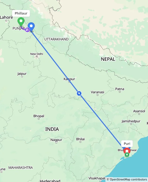 Route map showing distance and travel time from Phillaur, India to Puri, India