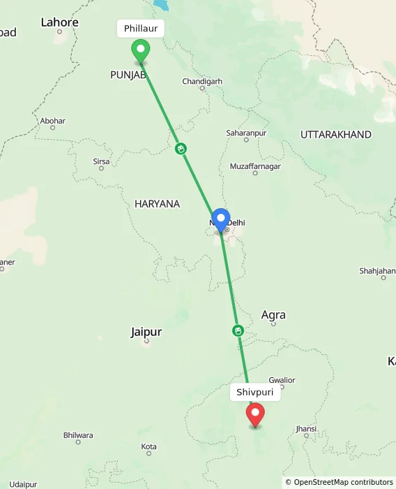 Route map showing distance and travel time from Phillaur, India to Shivpuri, India