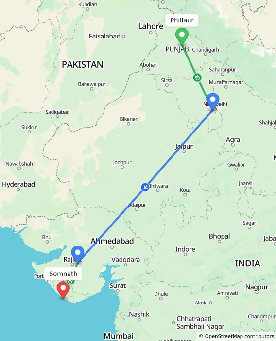 Route map showing distance and travel time from Phillaur, India to Somnath, India
